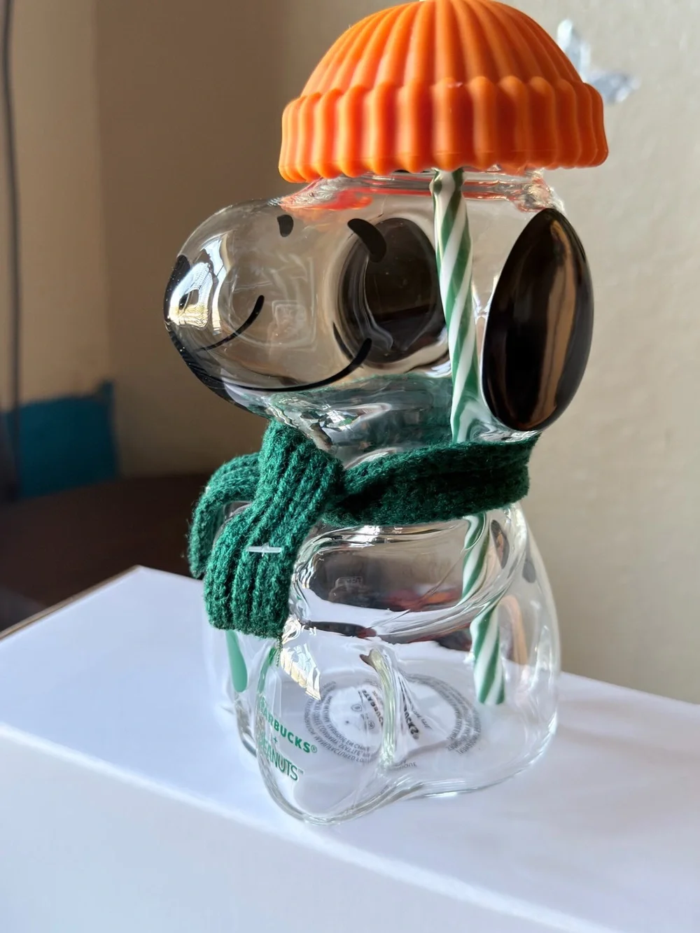 Peanuts Snoopy Glass Bottle with Orange Cap and Green Scarf